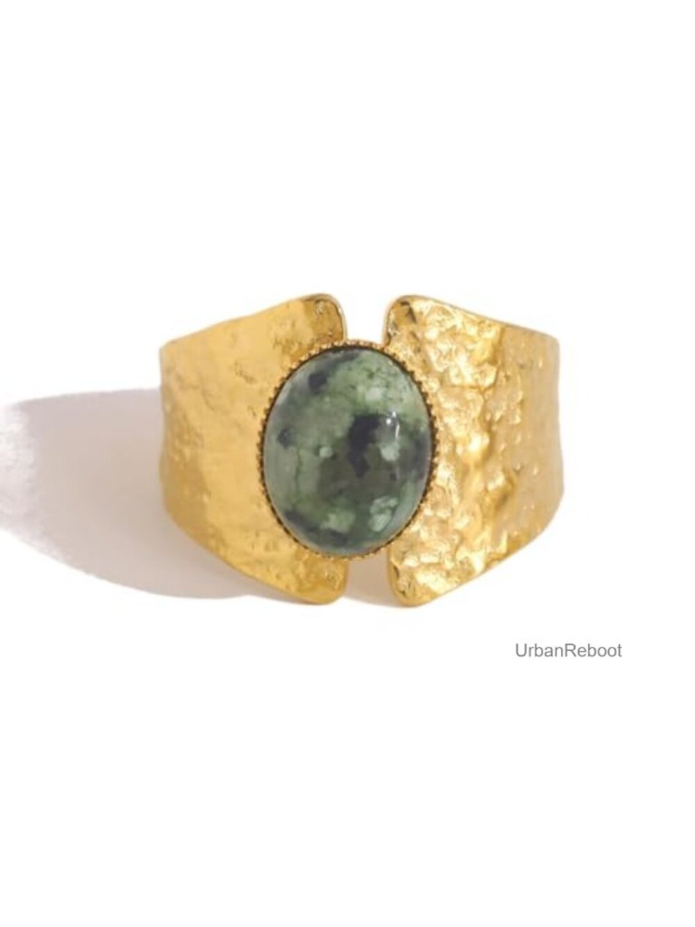 18K Gold Plated African Turquoise Statement Ring Oval Natural Stone Hammered